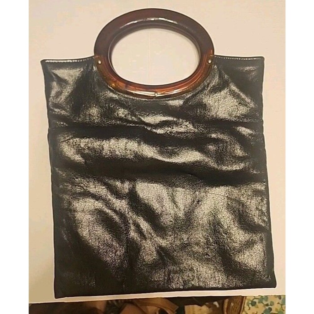 Vintage Shirl Miller Ltd Black Tote Bag Tortoiseshell O-Ring Handle Foldover Clu